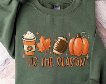 Tis The Season Sweatshirt, Fall Football Coffee Pumpkin Leaf Hoodie, Game Day Autumn Crewneck Tee, Cozy Fall Football Touchdown Sweater