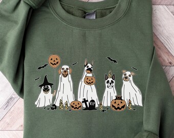 Halloween Ghost Dogs Sweatshirt, Funny Dog Costume Crewneck, Spooky Season Dog Mom Gift, Cute Pumpkin Pet Lover Sweater, Halloween Dog Shirt