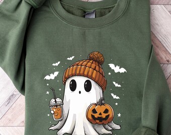 Cute Ghost Halloween Sweatshirt, Ghost Coffee Pumpkin Shirt, Spooky Season Tee, Cute Pumpkin Ghost Crewneck, Fall Halloween Gift Shirt