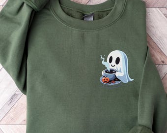 Ghost Coffee Sweatshirt, Cute Ghost Drinking Coffee Shirt, Spooky Season Halloween Sweatshirt, Pumpkin Fall Gift, Womens Halloween Crewneck