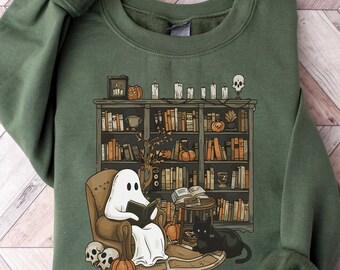 Retro Ghost Reading Sweatshirt, Halloween Librarian Gift, Book Lover Sweater, Spooky Library Crewneck, Cozy Bookish Fall Shirt, Teacher Gift