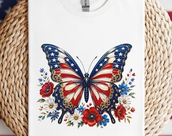 Floral Butterfly Fourth Of July Shirt, Patriotic Butterfly Shirt, Wildflower USA Anniversary Shirt, USA Flag V Neck Shirt for Women