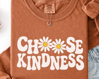 Comfort Colors Choose Kindness Long Sleeve Shirt, Retro Daisy Kindness, Be Kind Teacher Shirt, Positive Vibes Long Sleeve Shirt for Women