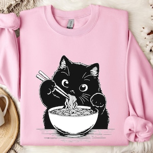 Funny Cat Ramen Sweatshirt Hoodie, Cozy Kawaii Cat Lover Gift, Cute Noodle Cat Sweatshirt, Kawaii Japanese Anime Cat Shirt, Cat Lover Gift afbeelding 1