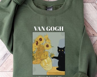Van Gogh Cat Sweatshirt, Van Gogh Black Cat Hoodie, Cute Black Cat Shirt, Funny Cat Long Sleeve, Cat Lovers Gift, Gift For Her, Trendy Shirt