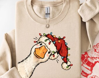 Christmas Goose Sweatshirt, Funny Santa Hat Goose Crewneck, Holiday Lights Sweater, Silly Goose Christmas Gift, Goose Lovers Winter Pullover