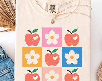 Comfort Colors Checkerboard Apple Shirt, Cute Teacher Tee, Retro Apple Daisy Grid T-Shirt, Back to School Gift, Teacher Appreciation Shirt