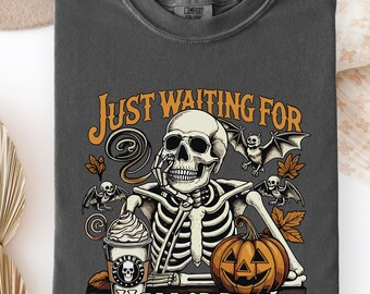 Comfort Colors Just Waiting For Halloween Shirt, Retro Skeleton Pumpkin Coffee Shirt, Vintage Halloween Tee, Spooky Season Fall Gift Shirt