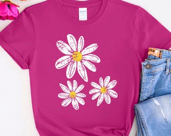 Daisy Shirt, Boho Floral Graphic Tee, Retro Aesthetic Flower Shirt, Spring Flower Trendy Summer Three  Daisy Shirt for Women and Youth Girl