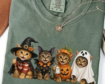 Comfort Colors Halloween Cat Shirt, Cute Kitten Costume Tee, Vintage Halloween Cat Lover Shirt, Trick Or Treat Ghost Pumpkin Fall Tee Gift
