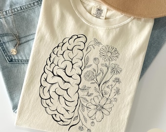 Camiseta Comfort Colors con estampado floral del cerebro, camiseta sobre salud mental, camiseta botánica del cerebro, camiseta para terapeutas y consejeros, regalo de psicología, camiseta de autocuidado
