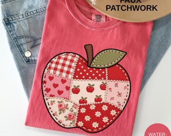 Comfort Colors Faux Patchwork Apple Shirt, Back To School Teacher Shirt First Day of School Teacher Appreciation Gift Elementary Teacher Tee