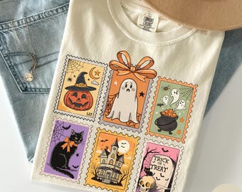 Comfort Colors Halloween Cute Ghost Pumpkin Cat Shirt, Retro Ghost Tee, Postage Stamps Shirt, Women Halloween Shirt, Fall Spooky Cat Shirt