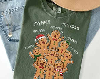 Comfort Colors Personalized Gingerbread Christmas Teacher Shirt, Custom Name Tee, Funny Holiday Classroom Gift, Cute Xmas School Staff Shirt