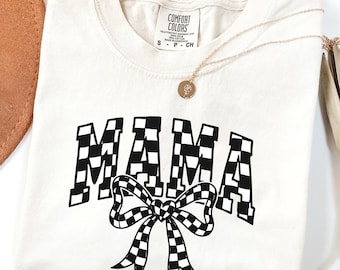 Comfort Colors Checkered Mama Shirt, Retro Mama Tee, Vintage Checkered Bow Shirt, Motherhood Shirt, Mothers Day Gift for New Mom 4 XL Shirt