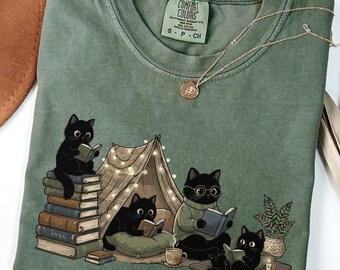 Comfort Colors Black Cat Reading Shirt, Book Lover Cat Shirt, Cozy Cat Bookish Tee, Librarian Cat Mom Reading Aesthetic Teacher Shirt