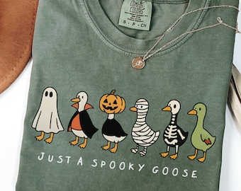 Comfort Colors Just A Spooky Goose Shirt, Funny Halloween Goose Tee, Ghost Pumpkin Skeleton Goose, Goose Halloween Costume Shirt for Women