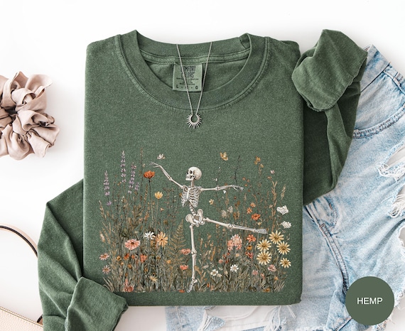 Comfort Colors Skeleton Long Sleeve Shirt, Dancing Skeleton Wildflower Tee, Halloween Floral Shirt, Spooky Season Cottagecore Fall T-Shirt