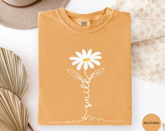 Comfort Colors Shirt Daisy Smile Shirt Minimal Line Art Shirt Retro Boho Flower Shirt Cute Daisy Summer Shirt for Women Youth Shirt Gift