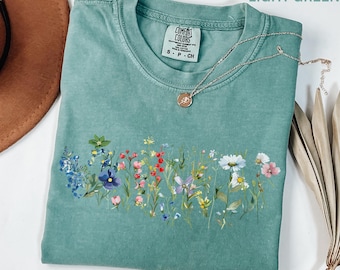 Comfort Colors Wildflower Shirt, Pressed Flower Shirt, Botanical Shirt, Plant Lover Gift, Spring Cottagecore Boho Tee, Retro Nature Shirt