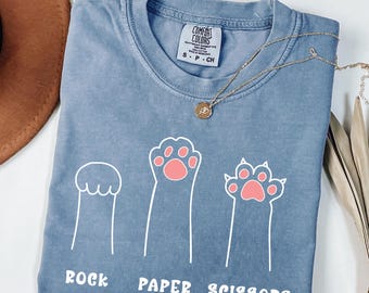 Comfort Colors Funny Cat Paw Shirt Rock Paper Scissors Design Cute Cat Lover Tee For Women Cat Mom Shirt, Gift For Cat Lovers