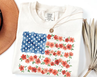 Comfort Colors Floral USA Flag Shirt Patriotic Flower Shirt Red Poppy Flag Shirt Fourth Of July Shirt America Shirt For Women Youth Girl