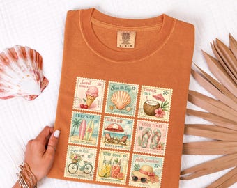 Comfort Colors Vintage Beach Postage Stamp Shirt Family Matching Summer Vacation Tee Coastal Beachy Graphic Sea Lover Shirt for Women Youth
