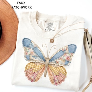 Comfort Colors Faux Patchwork Butterfly Shirt Spring Wildflower Aesthetic Graphic Tee Adult And Youth Matching Boho Vintage Shirts for Women image 5
