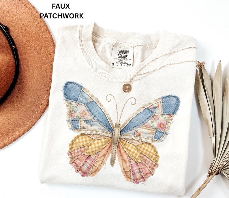 Comfort Colors Faux Patchwork Butterfly Shirt Spring Wildflower Aesthetic Graphic Tee Adult And Youth Matching Boho Vintage Shirts for Women image 5