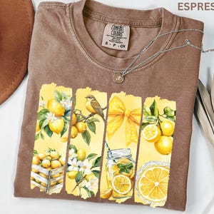 May include: Espresso-colored Comfort Colors t-shirt featuring a lemon-themed graphic. The design includes lemons, a bird, a yellow bow, and a jar of lemonade. A silver necklace with a pendant is draped across the shirt.