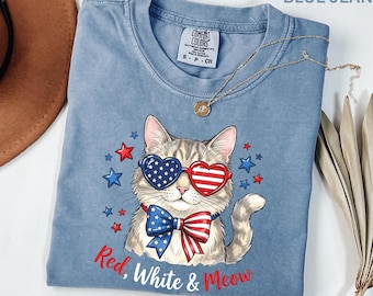 Comfort Colors Patriotic Cat Shirt, Red White And Meow Tee, 4th Of July Cat Lover Shirt, USA Flag Cat Mom Gift Tee