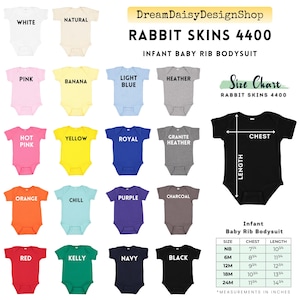a collection of baby onesies in various colors, sizes, and styles, including a rabbit skins 4400 infant baby rib bodysuit.
