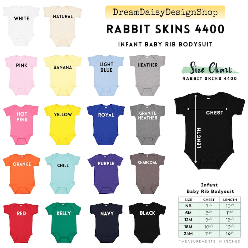 a collection of baby onesies in various colors, sizes, and styles, including a rabbit skins 4400 infant baby rib bodysuit.