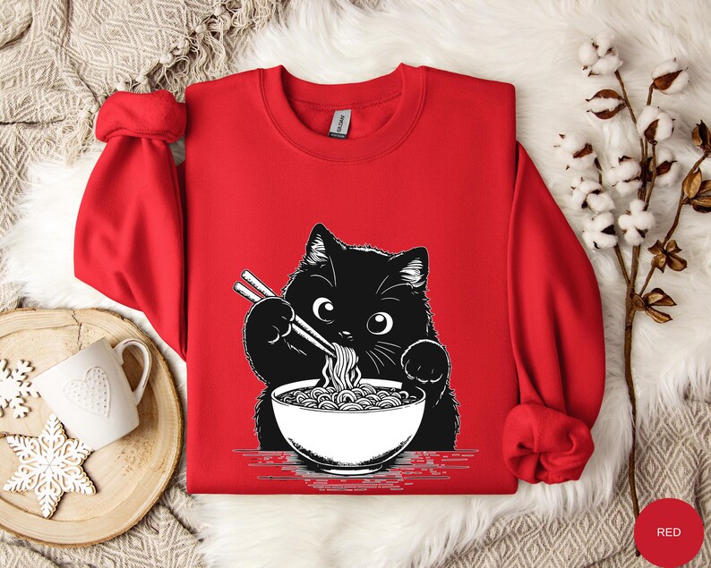 Funny Cat Ramen Sweatshirt Hoodie, Cozy Kawaii Cat Lover Gift, Cute Noodle Cat Sweatshirt, Kawaii Japanese Anime Cat Shirt, Cat Lover Gift afbeelding 11