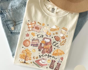 Comfort Colors Tis The Season Shirt, Fall Harvest Tee, Autumn Doodle Shirt, Pumpkin Season Tee, Fall Football Shirt, Women's Cozy Fall Tee