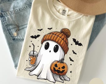 Comfort Colors Halloween Ghost Shirt, Cute Ghost Coffee Shirt, Pumpkin Bat Halloween Shirt, Fall Coffee Lover Gift, Spooky Season Shirt
