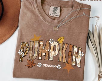 Camiseta Comfort Colors de temporada de calabazas, camiseta retro de patchwork para otoño, camiseta vintage de otoño para mujer, camiseta de campo de calabazas, regalo acogedor de Acción de Gracias