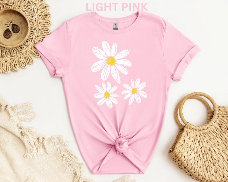 Daisy Shirt, Boho Floral Graphic Tee, Retro Aesthetic Flower Shirt, Spring Flower Trendy Summer Three Daisy Shirt for Women and Youth Girl image 6