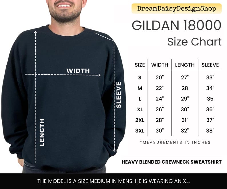 The image is a size chart for a GILDA 18000 crew neck sweatshirt, which is a heavy blended crew neck sweatshirt. The chart provides measurements for the width, sleeve length, sleeve length, and sleeve length in inches. The model is described as a size medium in men, and he is wearing an XL. The image is a collage of multiple images, and the text is concise and avoids redundancy.