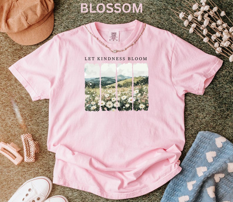 Camiseta Comfort Colors Let Kindness Bloom, camiseta retro de flores silvestres, camiseta inspiradora de bondad, camiseta floral de primavera con mensaje positivo para mujer. imagen 5