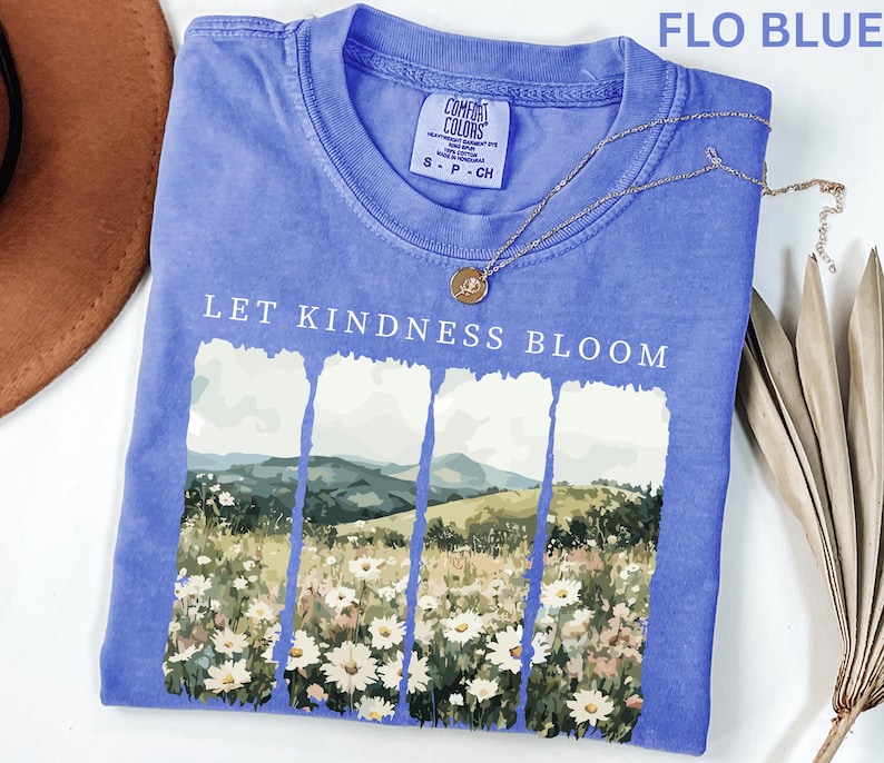 Camiseta Comfort Colors Let Kindness Bloom, camiseta retro de flores silvestres, camiseta inspiradora de bondad, camiseta floral de primavera con mensaje positivo para mujer. imagen 7
