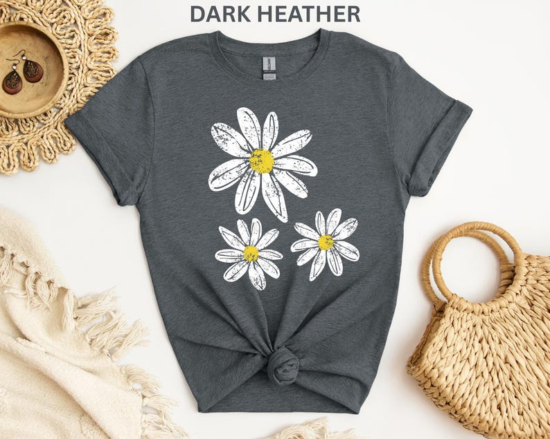 Daisy Shirt, Boho Floral Graphic Tee, Retro Aesthetic Flower Shirt, Spring Flower Trendy Summer Three Daisy Shirt for Women and Youth Girl image 14