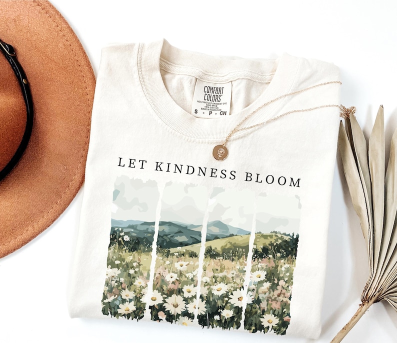 Camiseta Comfort Colors Let Kindness Bloom, camiseta retro de flores silvestres, camiseta inspiradora de bondad, camiseta floral de primavera con mensaje positivo para mujer. imagen 6
