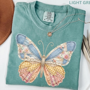 Comfort Colors Faux Patchwork Butterfly Shirt Spring Wildflower Aesthetic Graphic Tee Adult And Youth Matching Boho Vintage Shirts for Women image 4