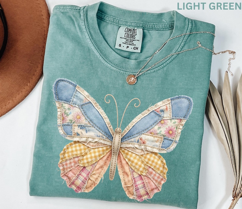 Comfort Colors Faux Patchwork Butterfly Shirt Spring Wildflower Aesthetic Graphic Tee Adult And Youth Matching Boho Vintage Shirts for Women image 4