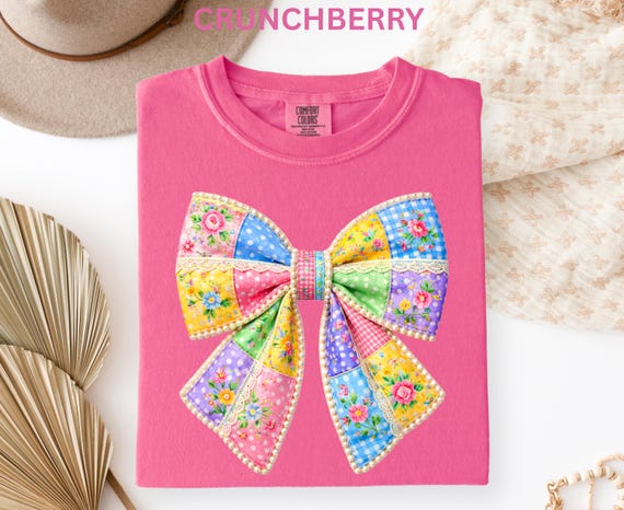 Comfort Colors Faux Patchwork Bow Shirt, Coquette Floral Bow Graphic Tee, Retro Patchwork Ribbon Shirt, Cute Cottagecore Spring Summer Shirt