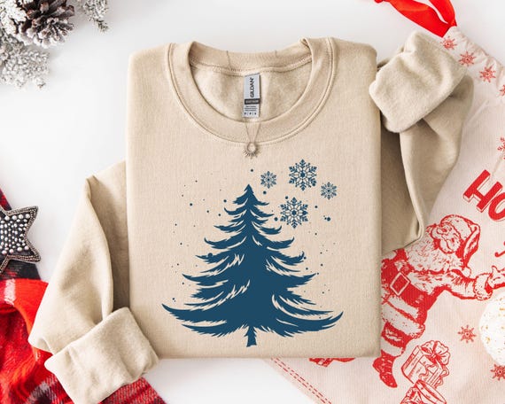Minimalist Blue Christmas Tree Sweatshirt, Snowflake Winter Crewneck, Winter Snowflake Hoodie, Festive Winter Pullover, Sweatshirt for Women