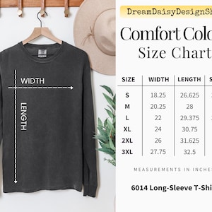 a black long-sleeve t-shirt hanging on a wooden hanger, along with a size chart and measurements for the shirt.