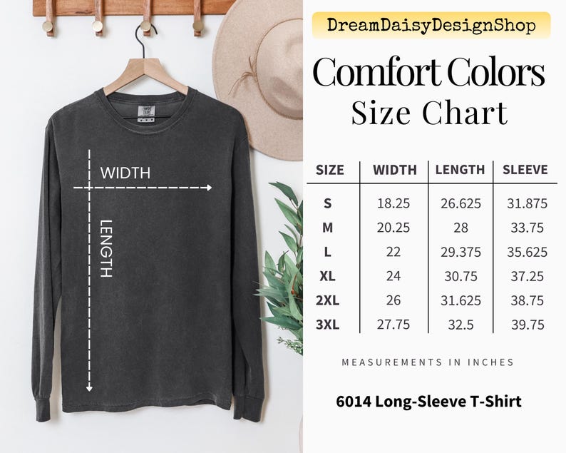 a black long-sleeve t-shirt hanging on a wooden hanger, along with a size chart and measurements for the shirt.