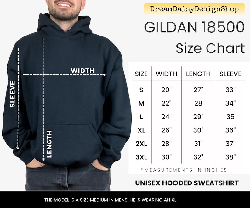 The image is a size chart for a GILDA 18500 hooded sweatshirt, which is a medium-sized men's hooded sweatshirt. The chart provides measurements for the width, sleeve length, and length of the sweatshirt in inches. The model is described as a size medium in men, and he is wearing an XL size. The image is a collage of multiple images, and the text is concise and avoids redundancy.